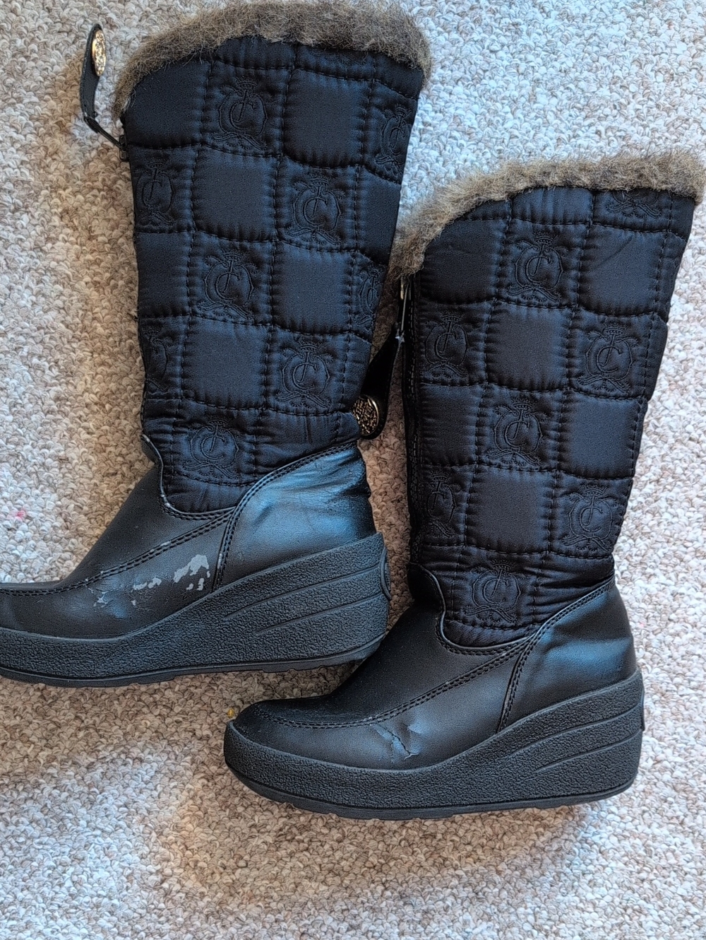 Juice Couture Black Quilted Wedge Winter Boots with Faux Fur Trim